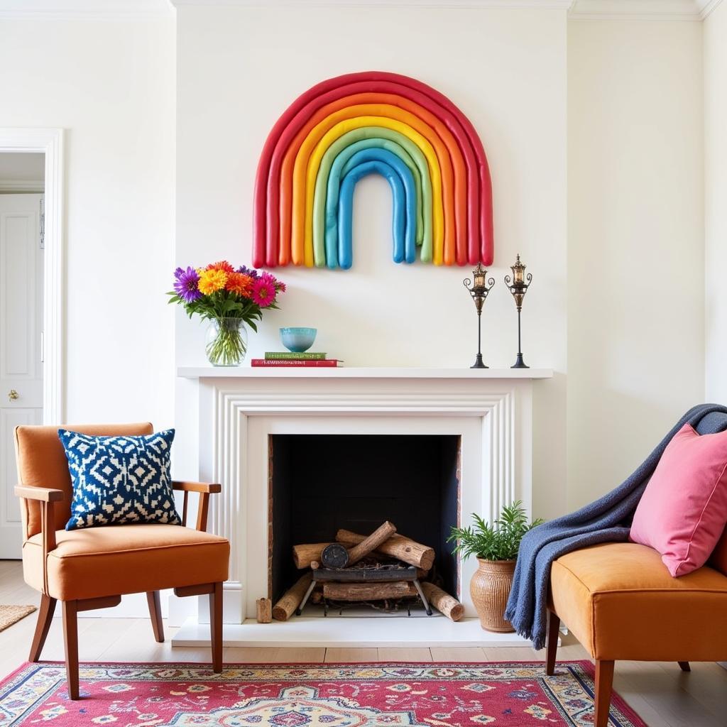 Rainbow themed living room with wall art and accessories