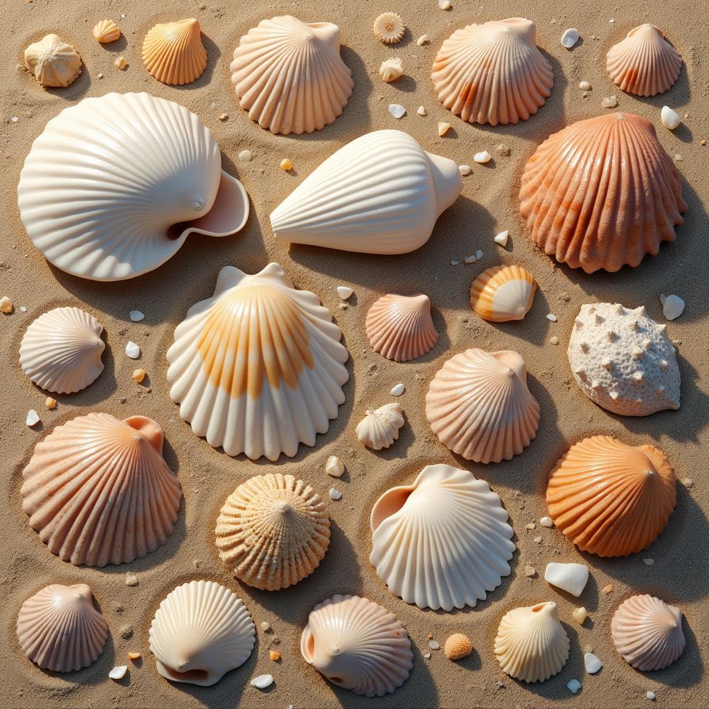 Realistic digital art of seashells scattered on the sand.