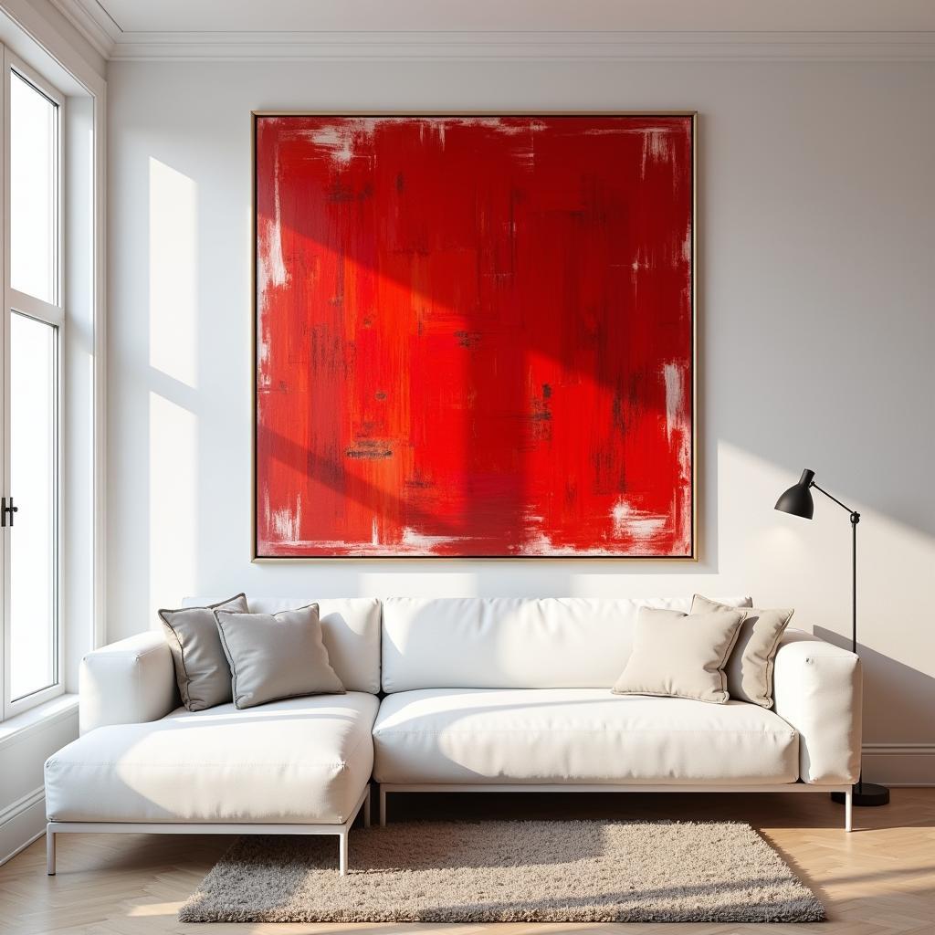 Red abstract wall art hangs above a modern white sofa in a minimalist living room.