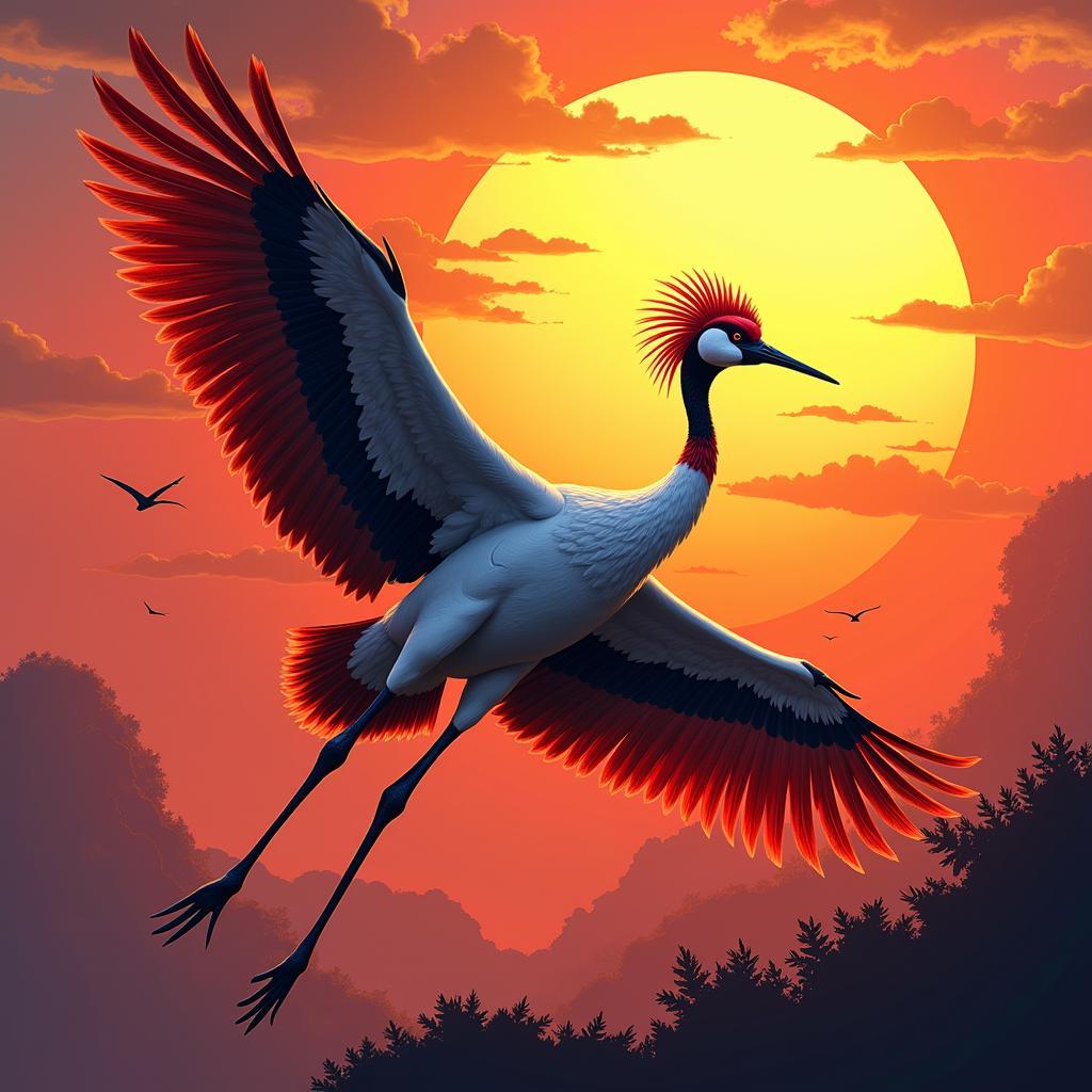 Modern digital illustration of a red-crowned crane in flight