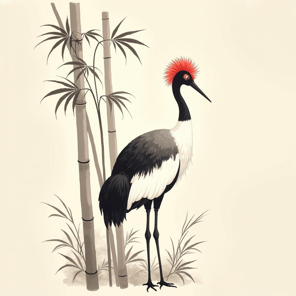 Traditional Japanese ink painting of a red-crowned crane with bamboo.