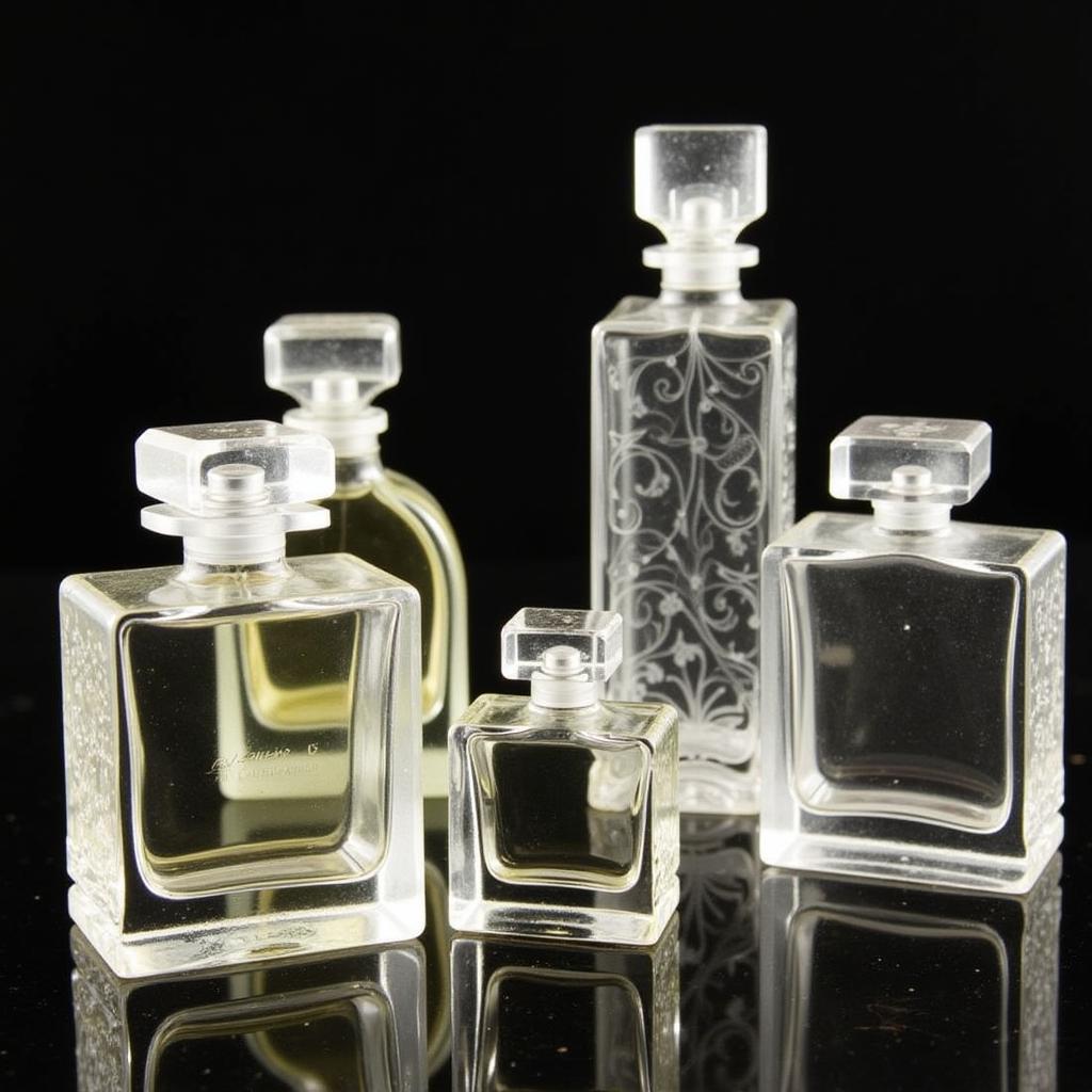 Exquisite perfume bottles designed by René Lalique, highlighting his mastery of glass artistry and Art Nouveau aesthetics.