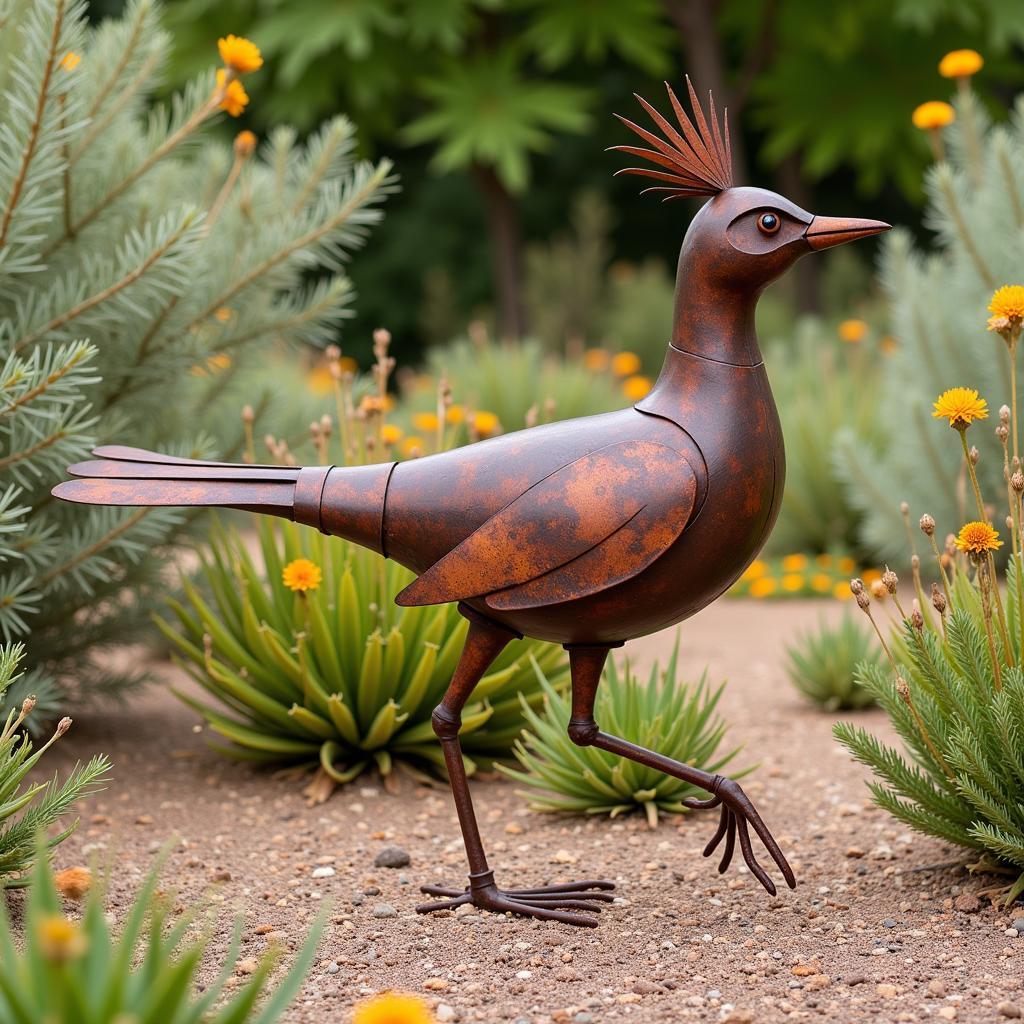 Metal Roadrunner Sculpture in a Garden Setting