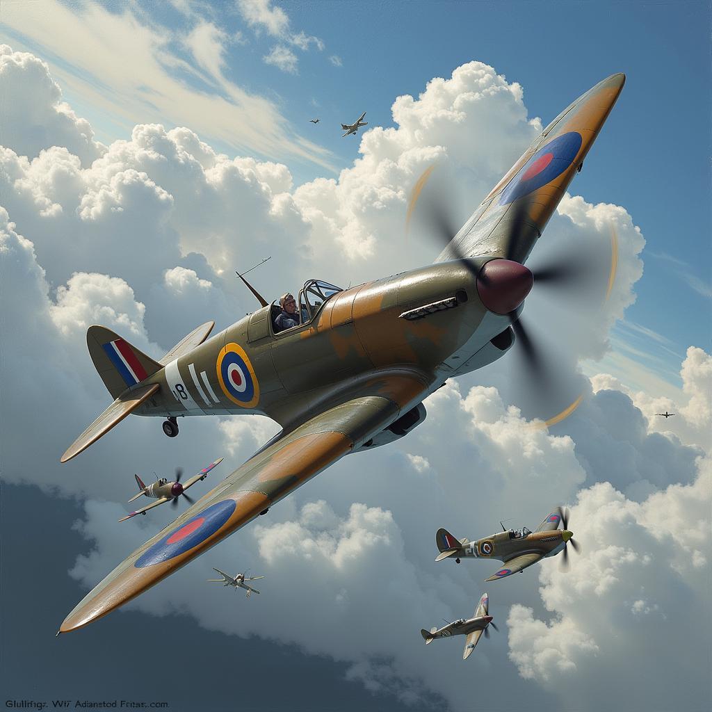 Robert Taylor's dramatic depiction of a Spitfire dogfight, showcasing his mastery of light and composition