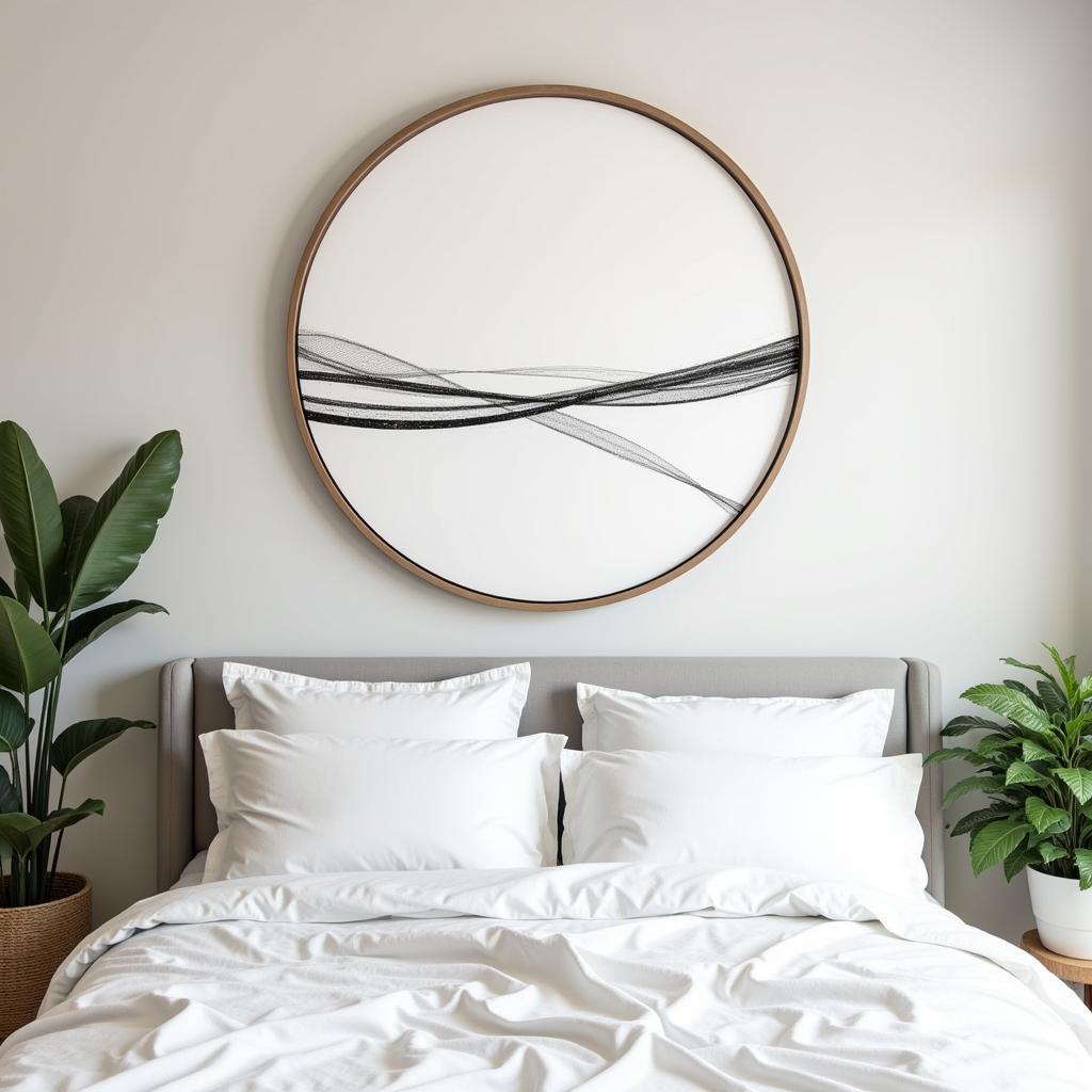 Round abstract wall art hanging above a bed in a minimalist bedroom