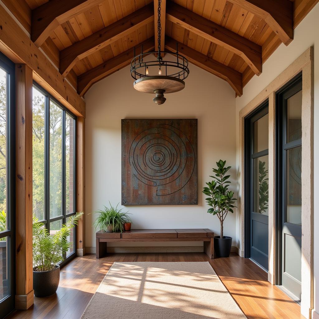 Rustic foyer with metal wall art decor