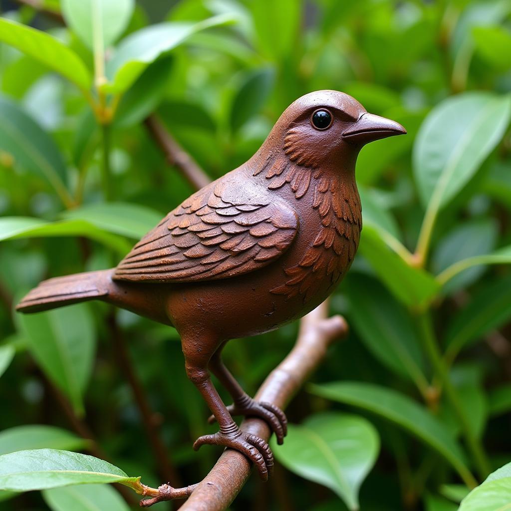 Rustic metal art garden sculpture depicting a whimsical bird