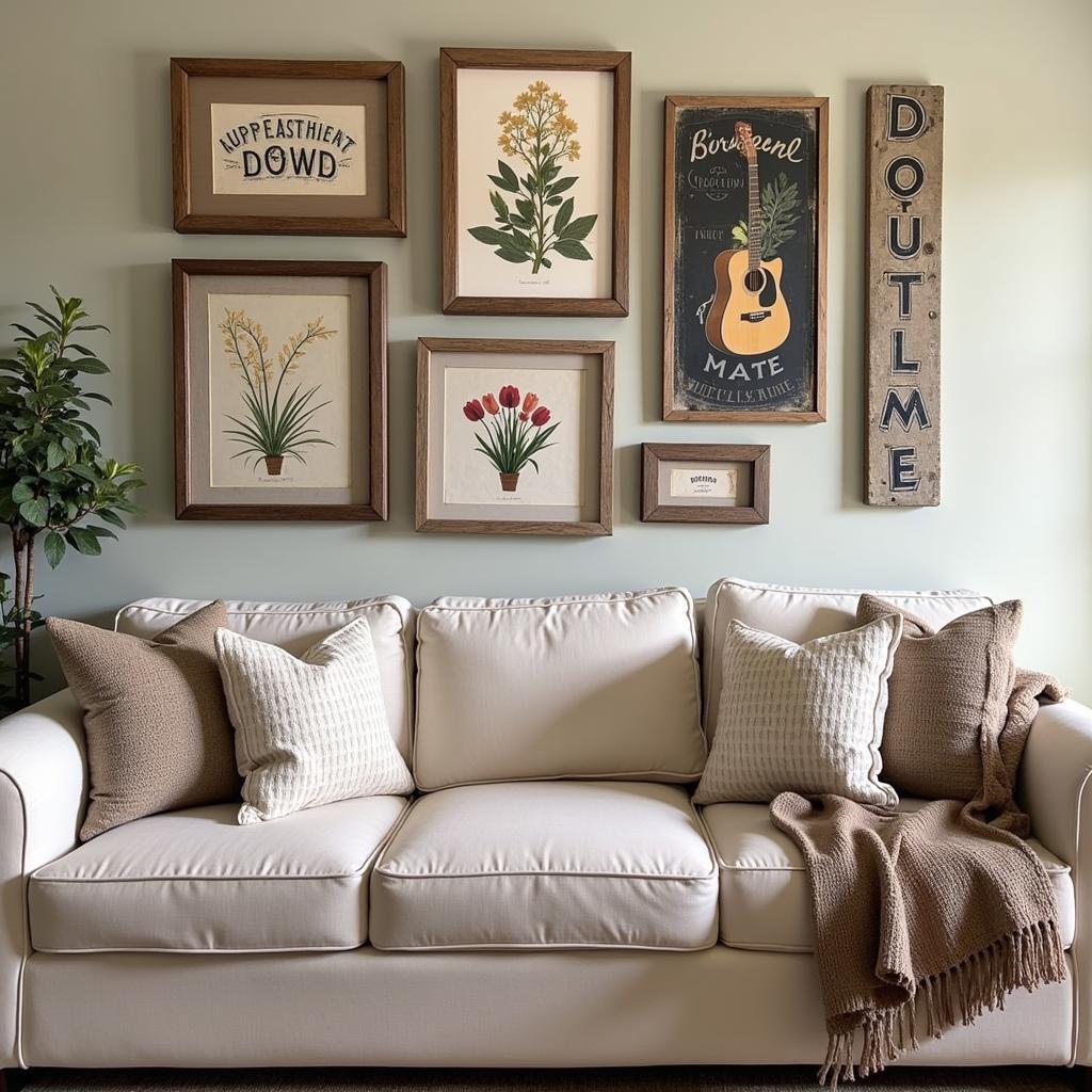 Rustic vintage wall art adds character to a living room, featuring a gallery wall with a mix of framed botanical prints, weathered wood signs, and antique metal advertisements.