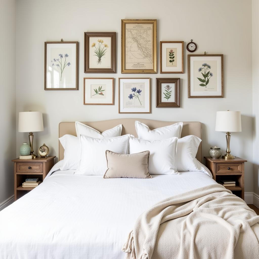 Rustic wall art in a bedroom setting, showing a gallery wall of framed prints and botanical illustrations.