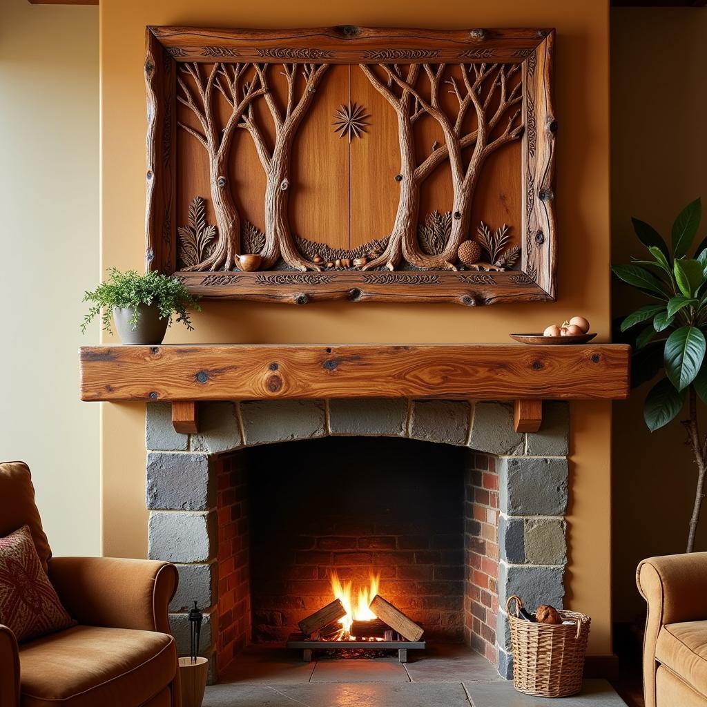 Rustic wood wall art hanging above a fireplace in a cozy living room