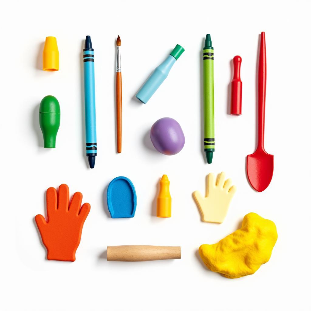 Non-toxic and washable art supplies for toddlers, including large crayons, chunky paintbrushes, and playdough.