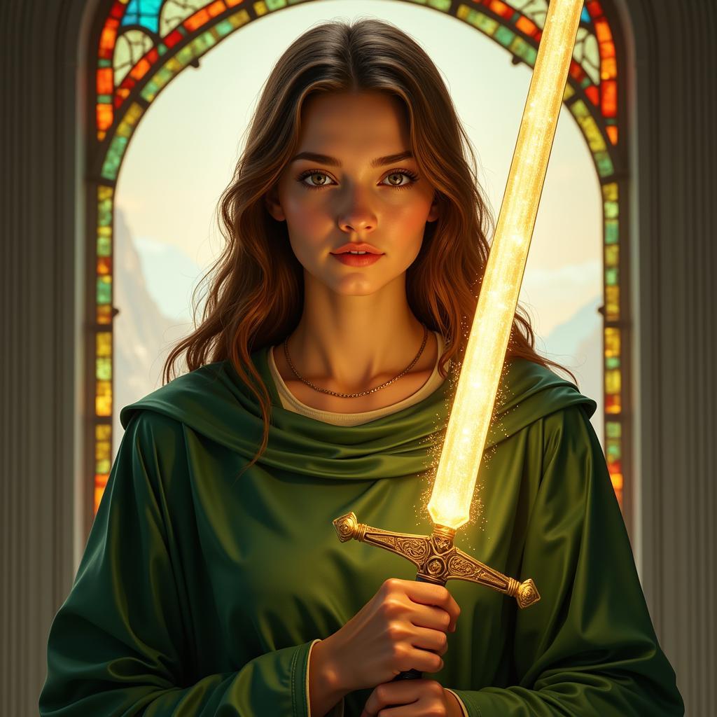 Saint Dymphna holding a sword, symbolizing her martyrdom