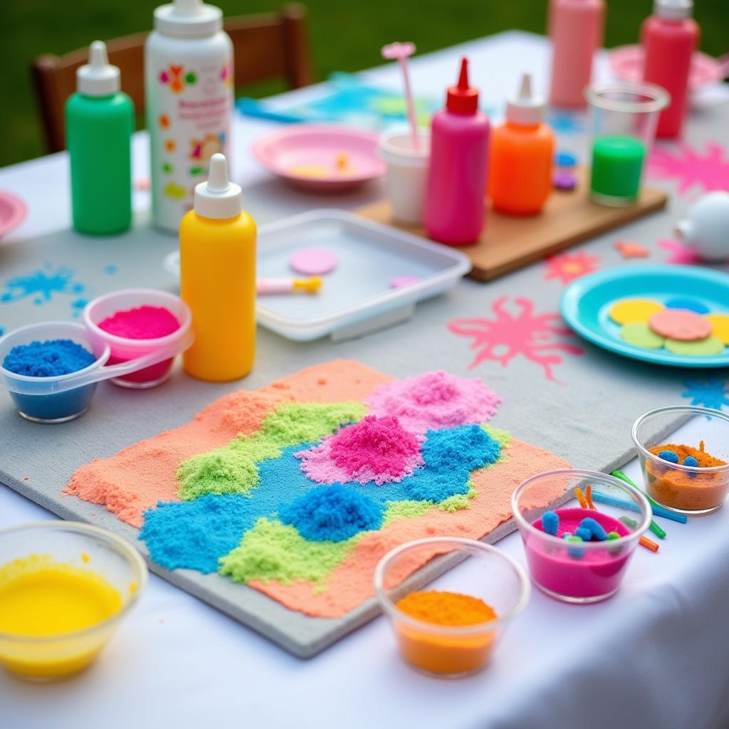 Sand art kit with colorful sand, bottles, and tools for a birthday party.