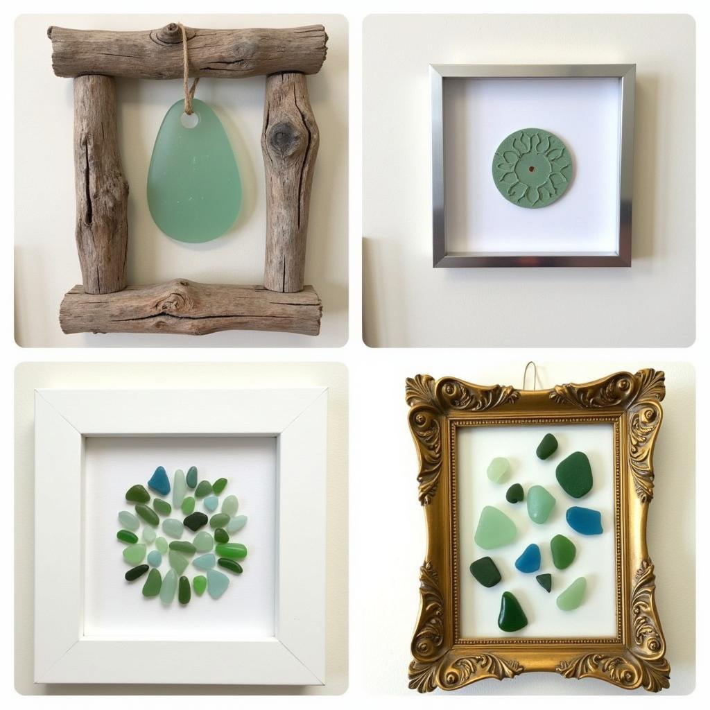 Different frame styles for sea glass art: rustic wood, sleek metal, and ornate vintage.