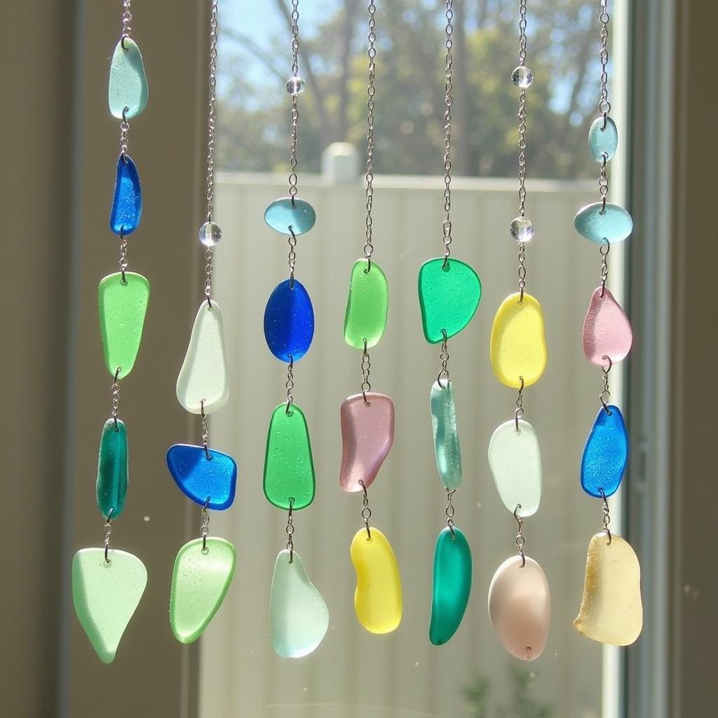 A sea glass suncatcher hanging in a window, catching the sunlight and casting colorful reflections.