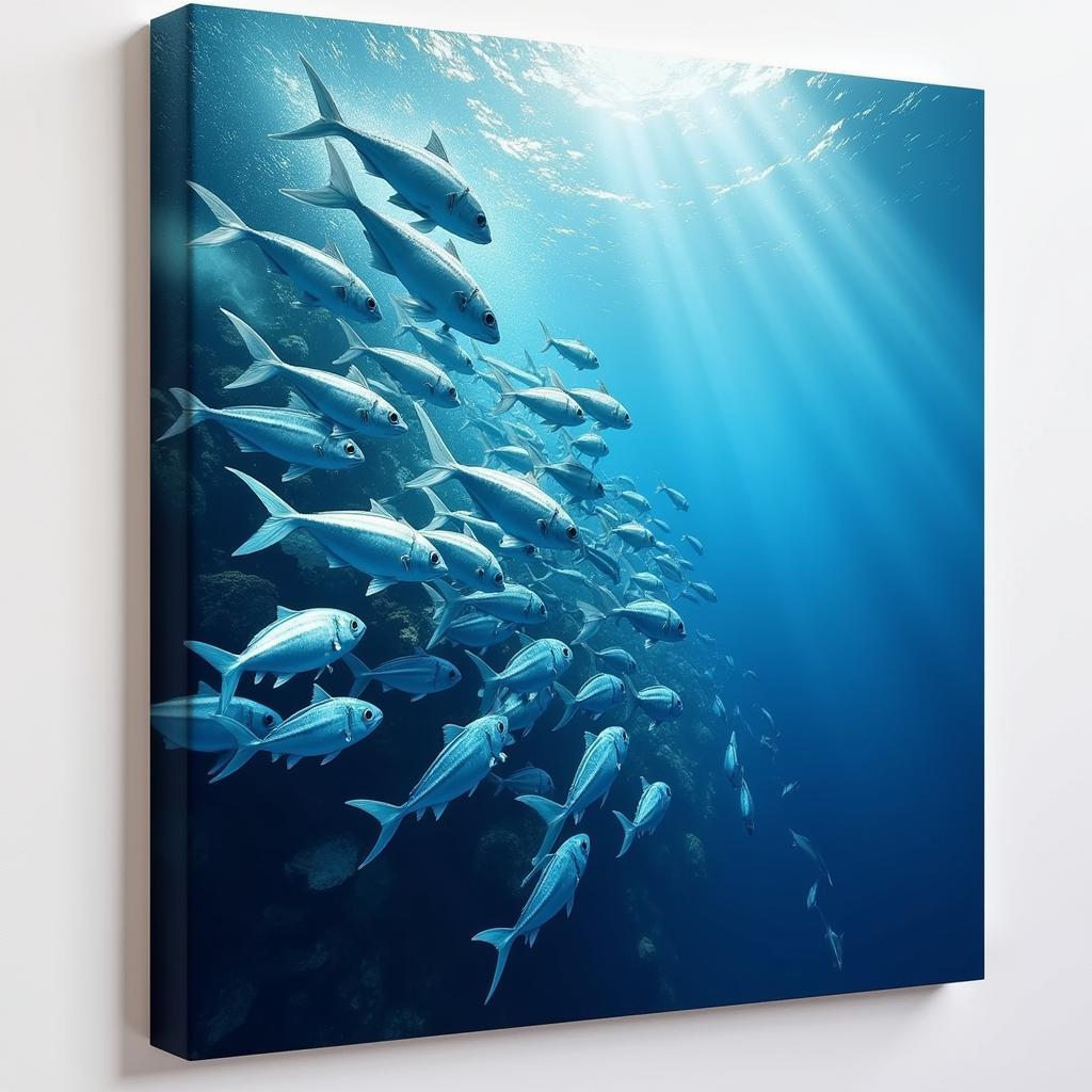 Underwater photography of a school of fish printed on canvas wall art.