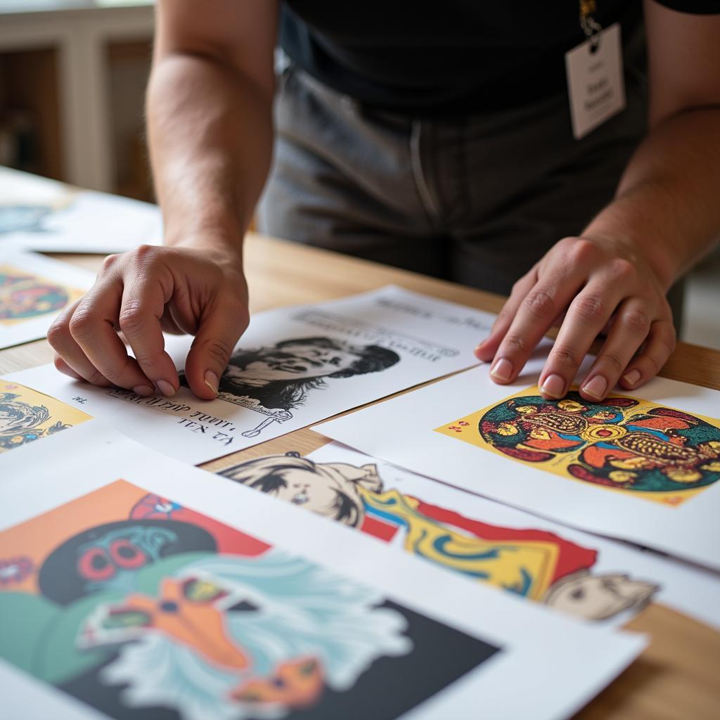 An artist carefully selecting artwork for their 9x12 portfolio.