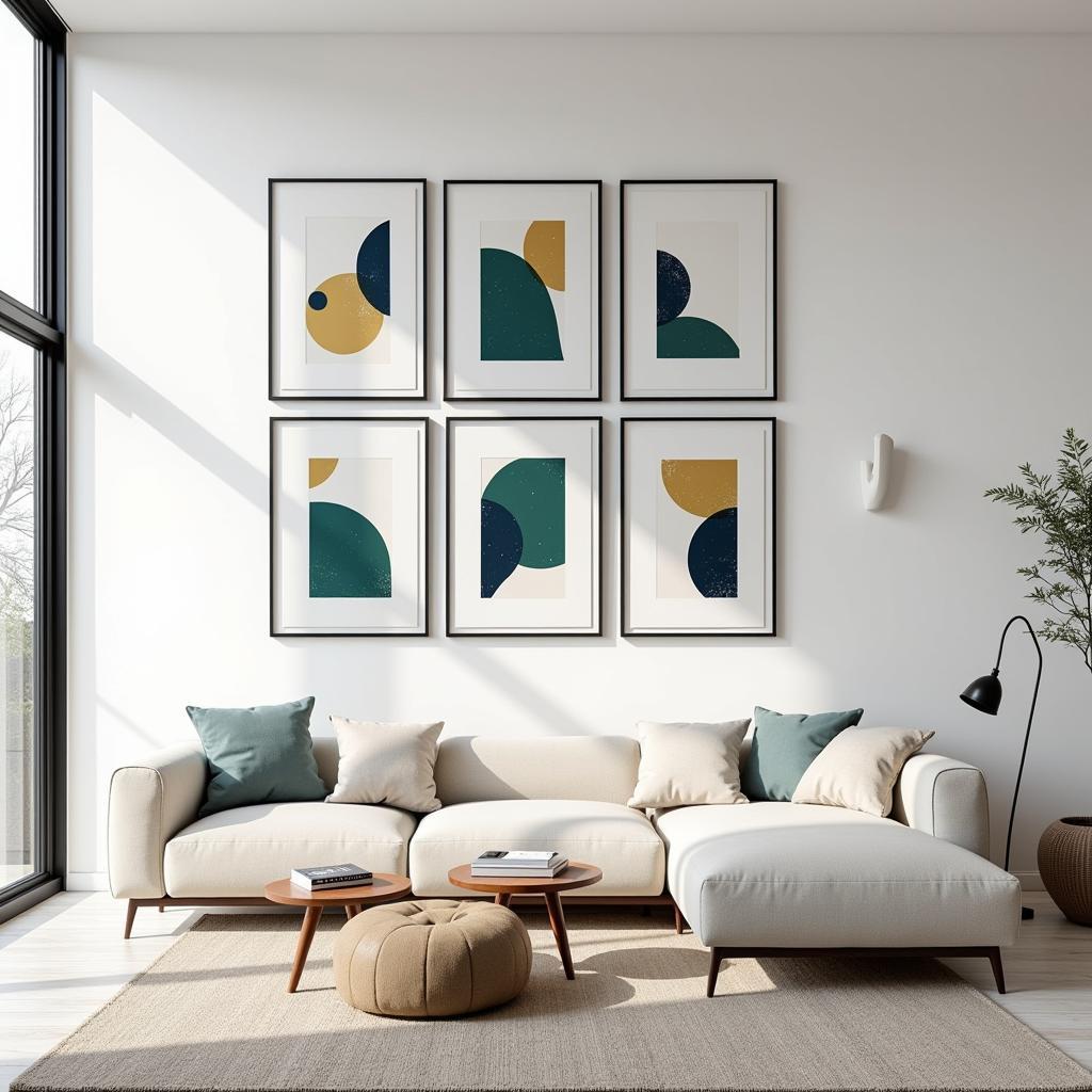 Modern Living Room Decorated with a Set of Six Wall Art