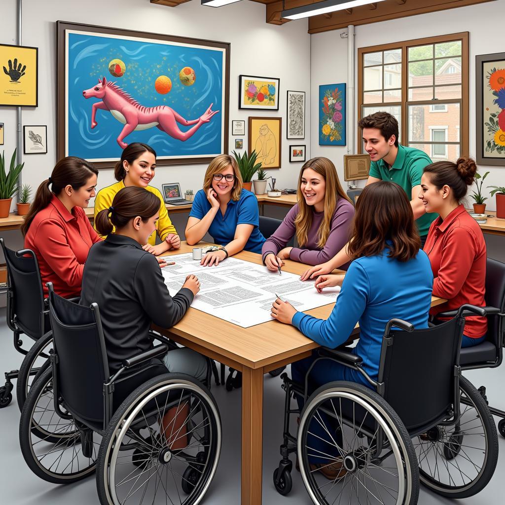 Shared Leadership in Disability Arts: A diverse group of artists and administrators collaborating on a project, showcasing the power of inclusivity and shared decision-making.