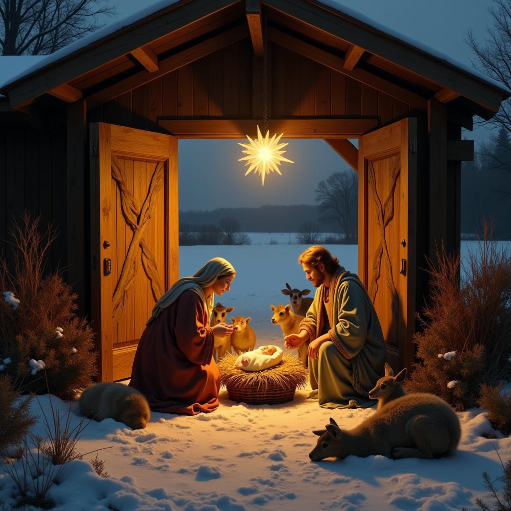 A classic depiction of the nativity scene on a silent night