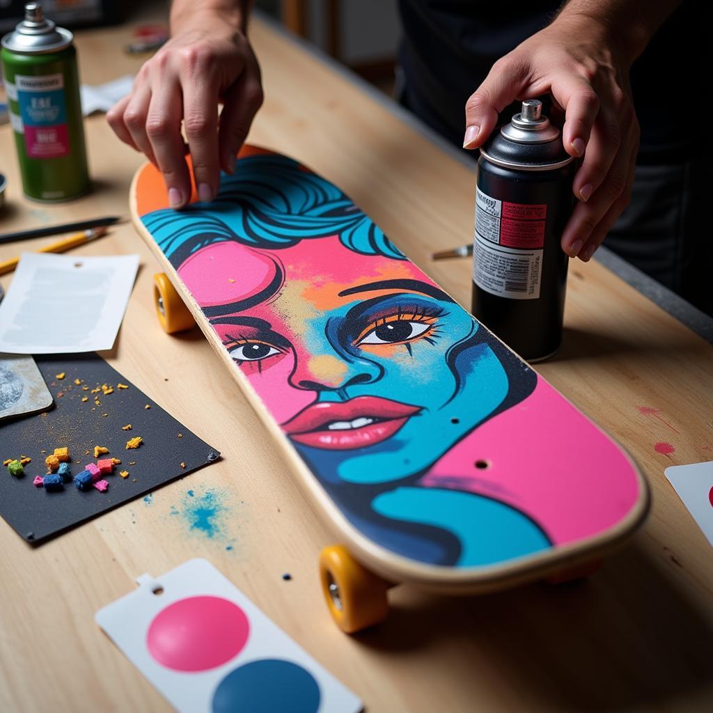 Skateboard deck painting process using stencils and spray paint.