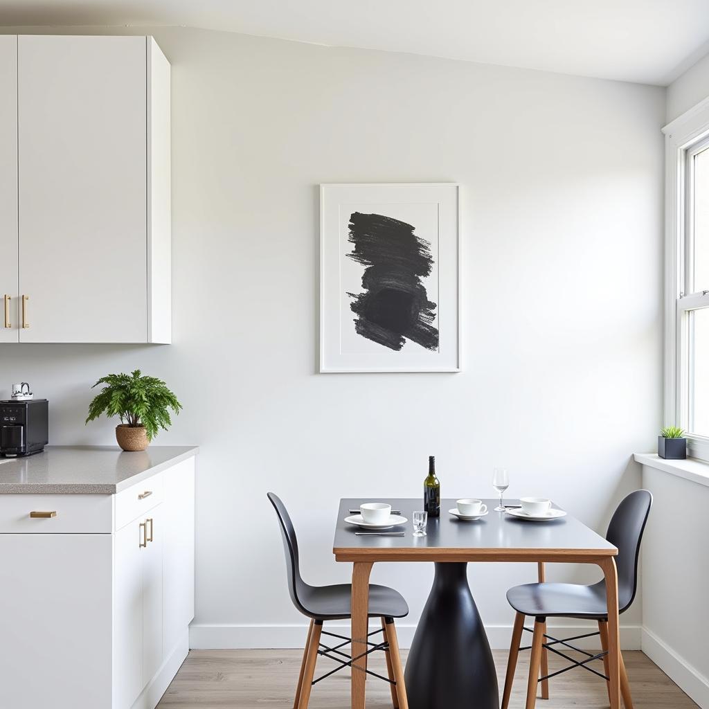 Modern minimalist art in a small white kitchen