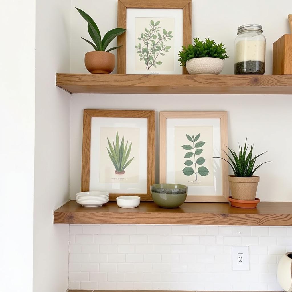 Open shelving in a small kitchen displaying art and decorative items