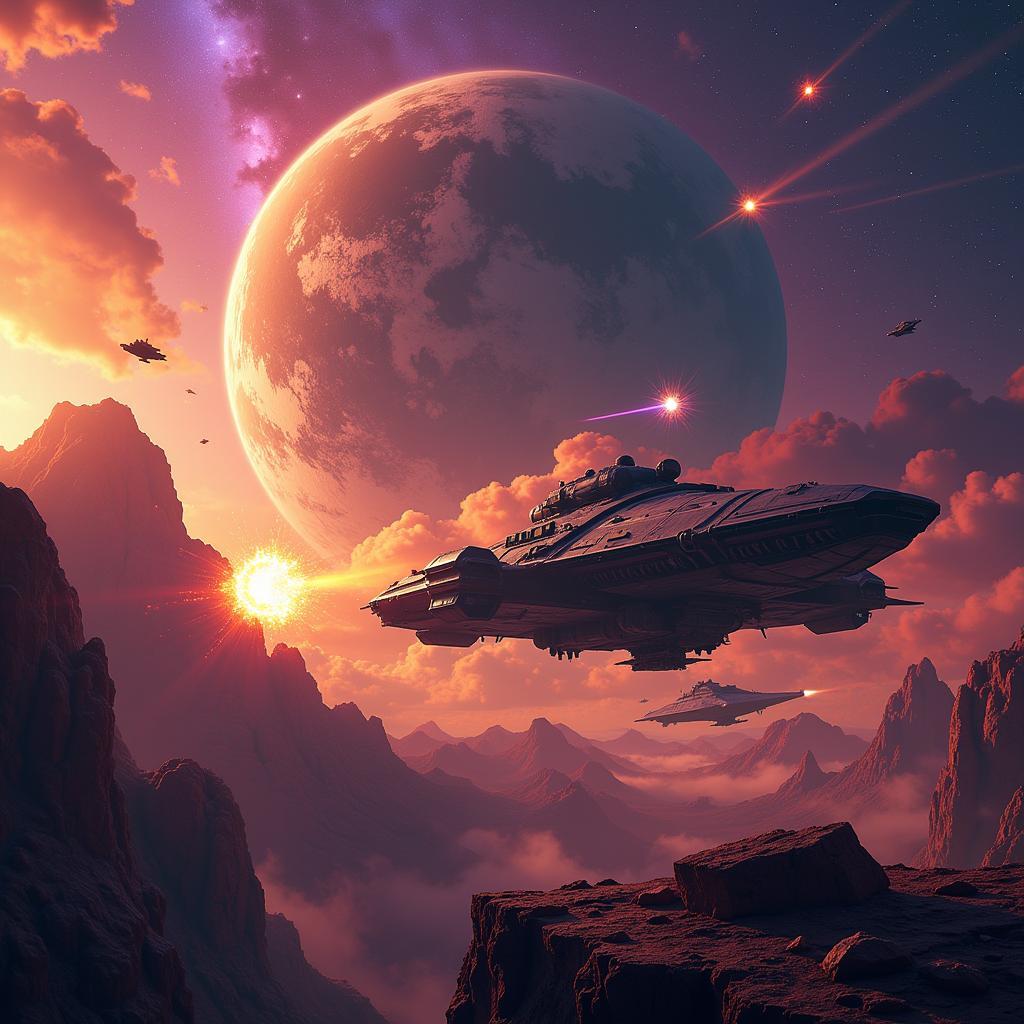 Spaceship Battle Above an Alien Planet