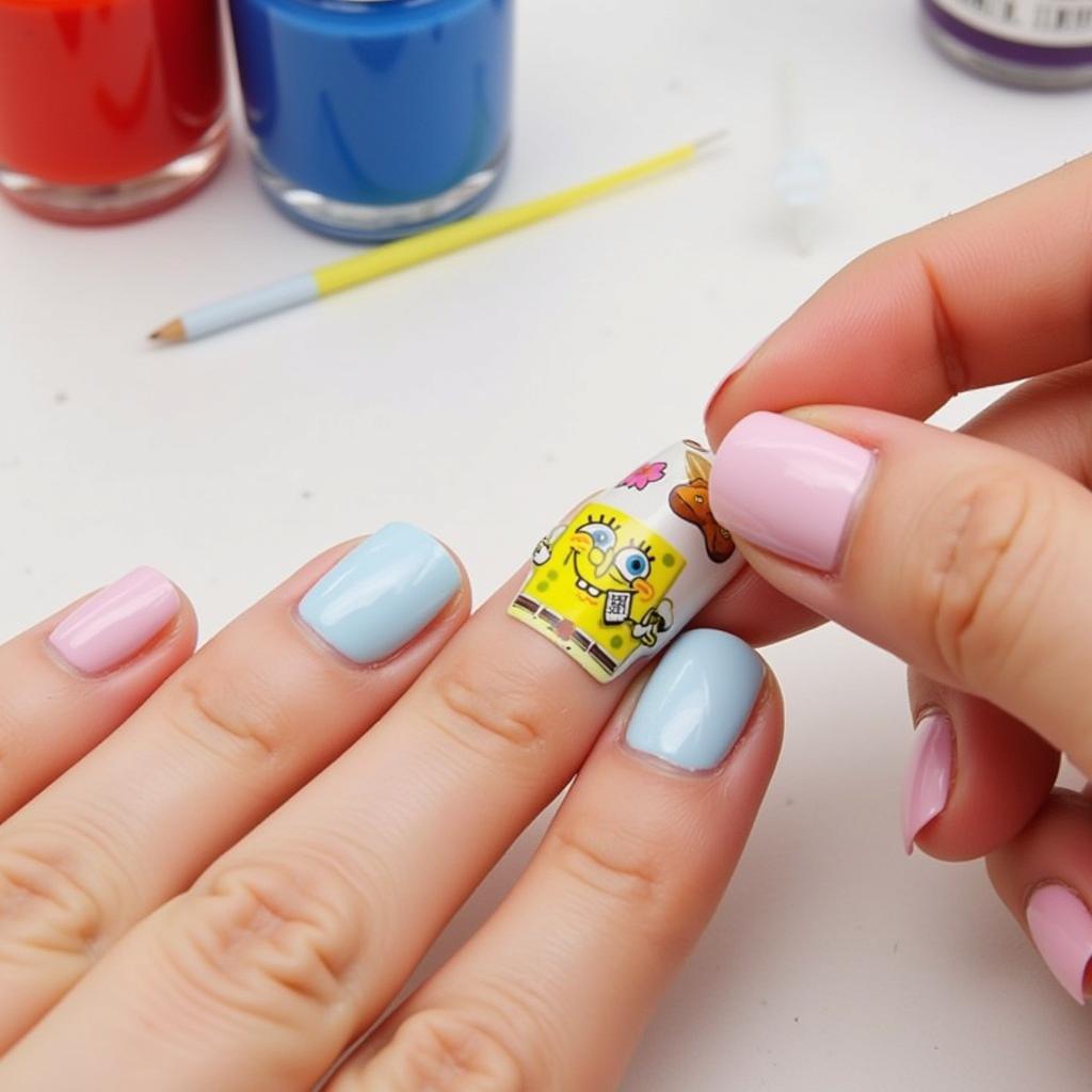 Applying Spongebob Nail Art Stickers