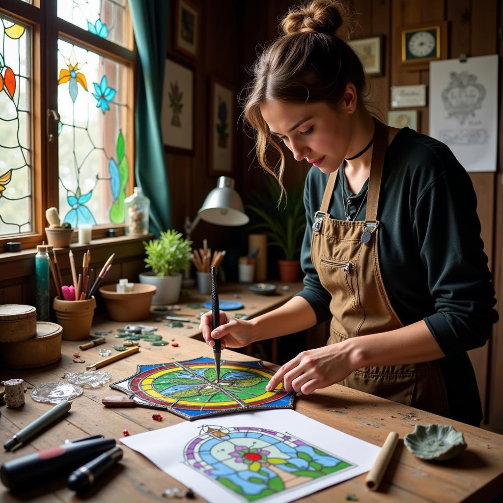 Stained Glass Artist Working in Studio