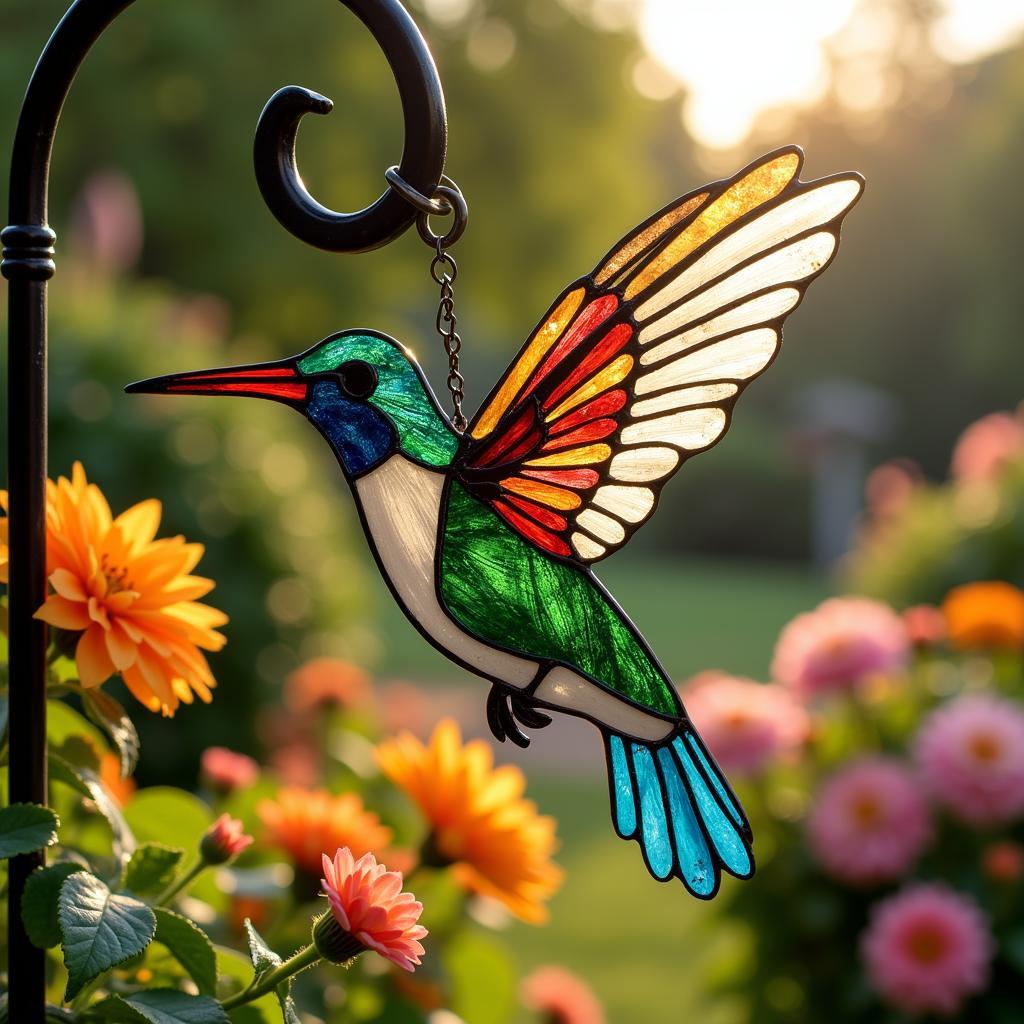 Stained glass hummingbird hanging in a garden, with sunlight illuminating its vibrant colors.