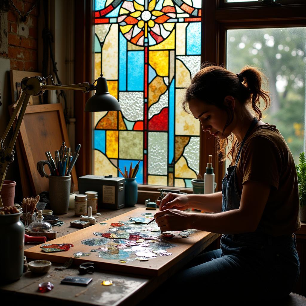 Stained Glass Panel Creation Process in Artist's Studio