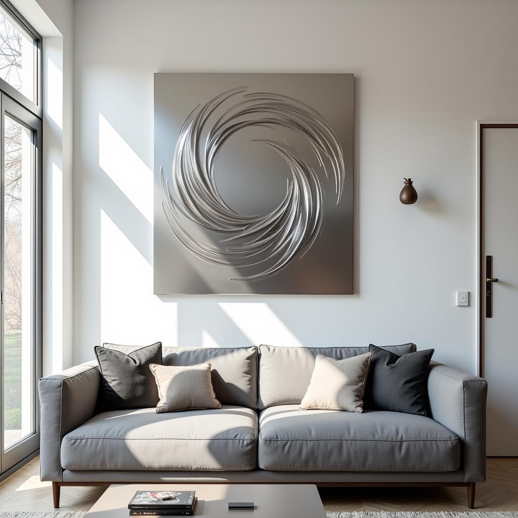 Modern stainless steel wall art decorates a contemporary living room