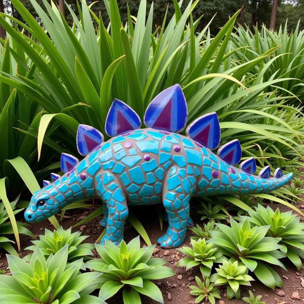 A Stegosaurus mosaic art piece placed as garden decor