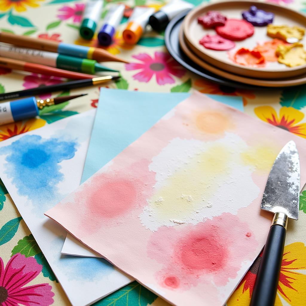 Close-up of various abstract art supplies, including paintbrushes, acrylic paints, and textured paper, arranged on a bright summer-themed background.