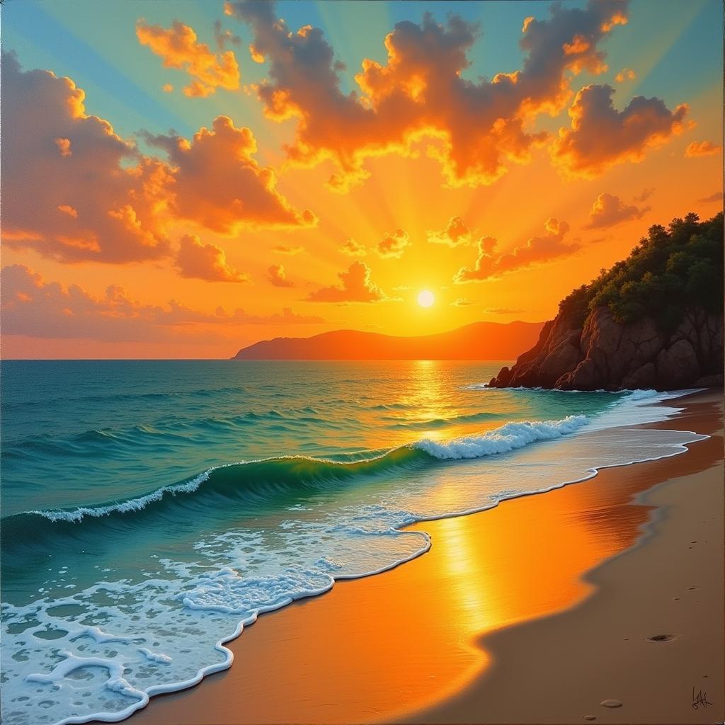 Sunset beach painting depicting the vibrant colors of the setting sun reflecting on ocean waves