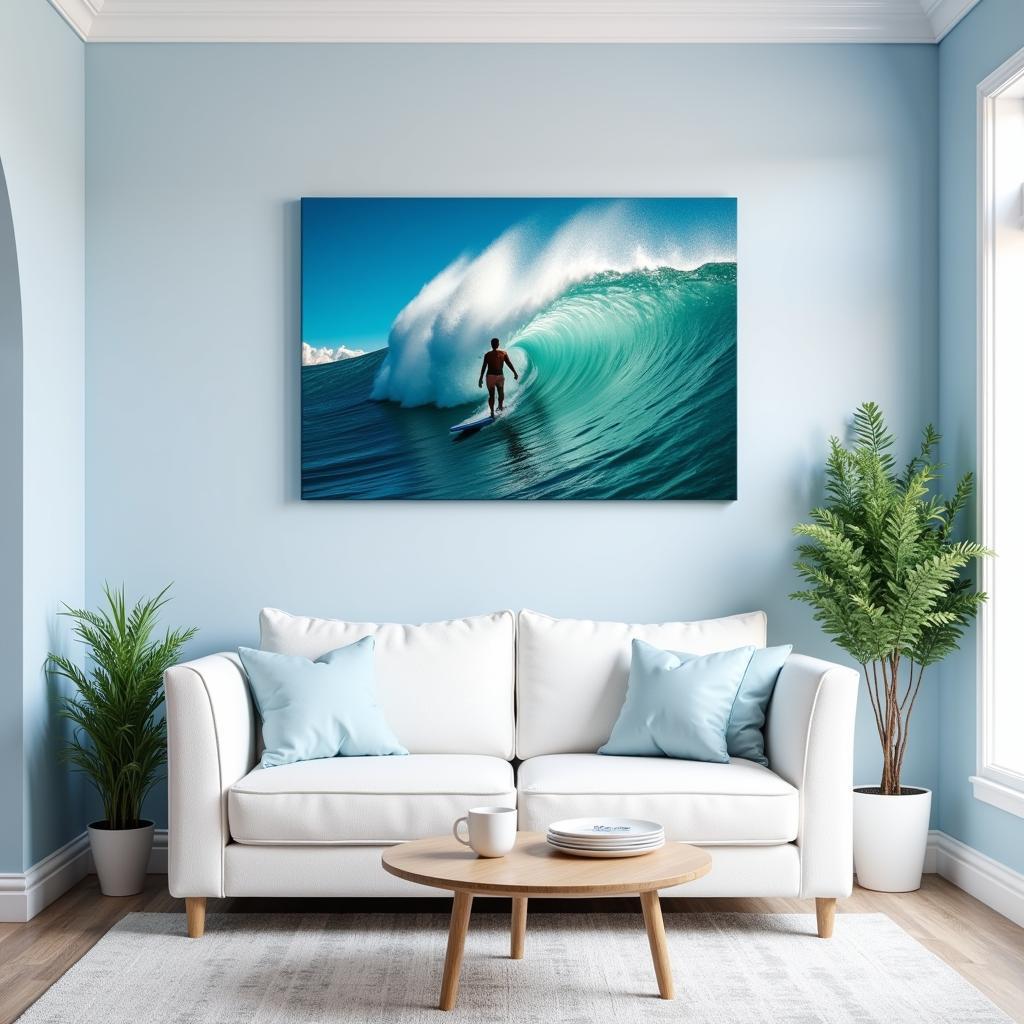 Surfing wall art in a beach-themed living room