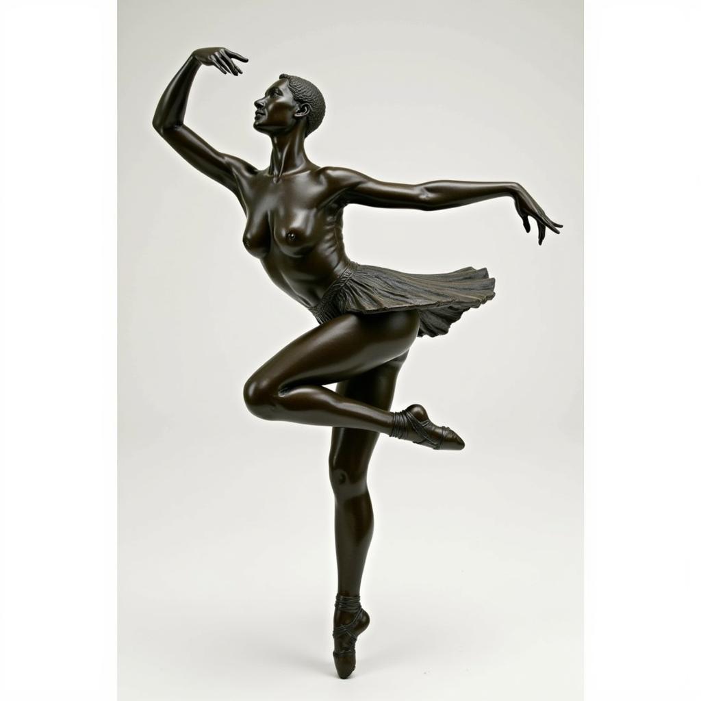 A bronze sculpture of a ballerina in the Swan Lake pose