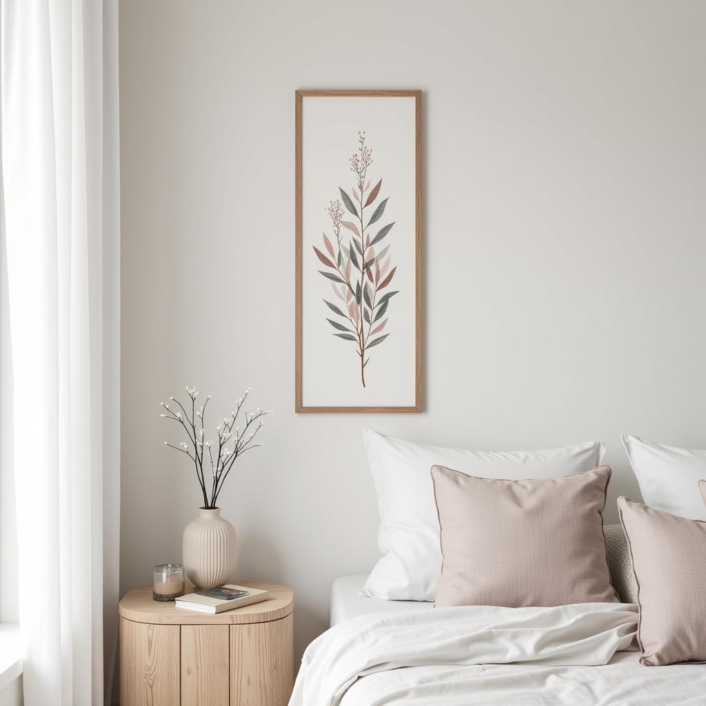 A tall, thin framed botanical print adds a calming touch to a bedroom