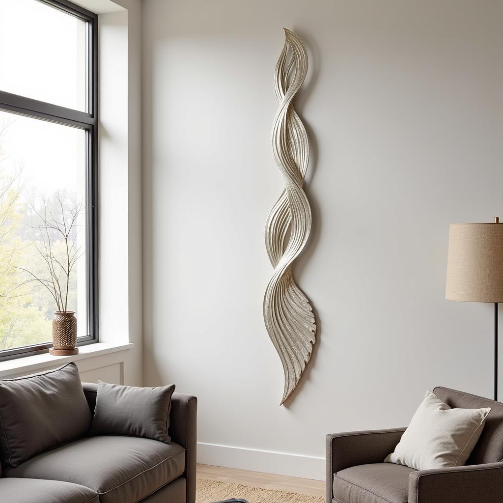 Tall thin metal wall art adds a touch of modern elegance to a living room