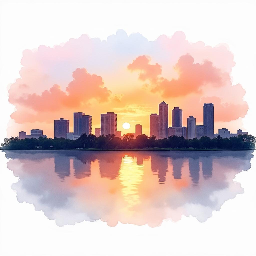 Tampa Skyline Sunset Watercolor Painting