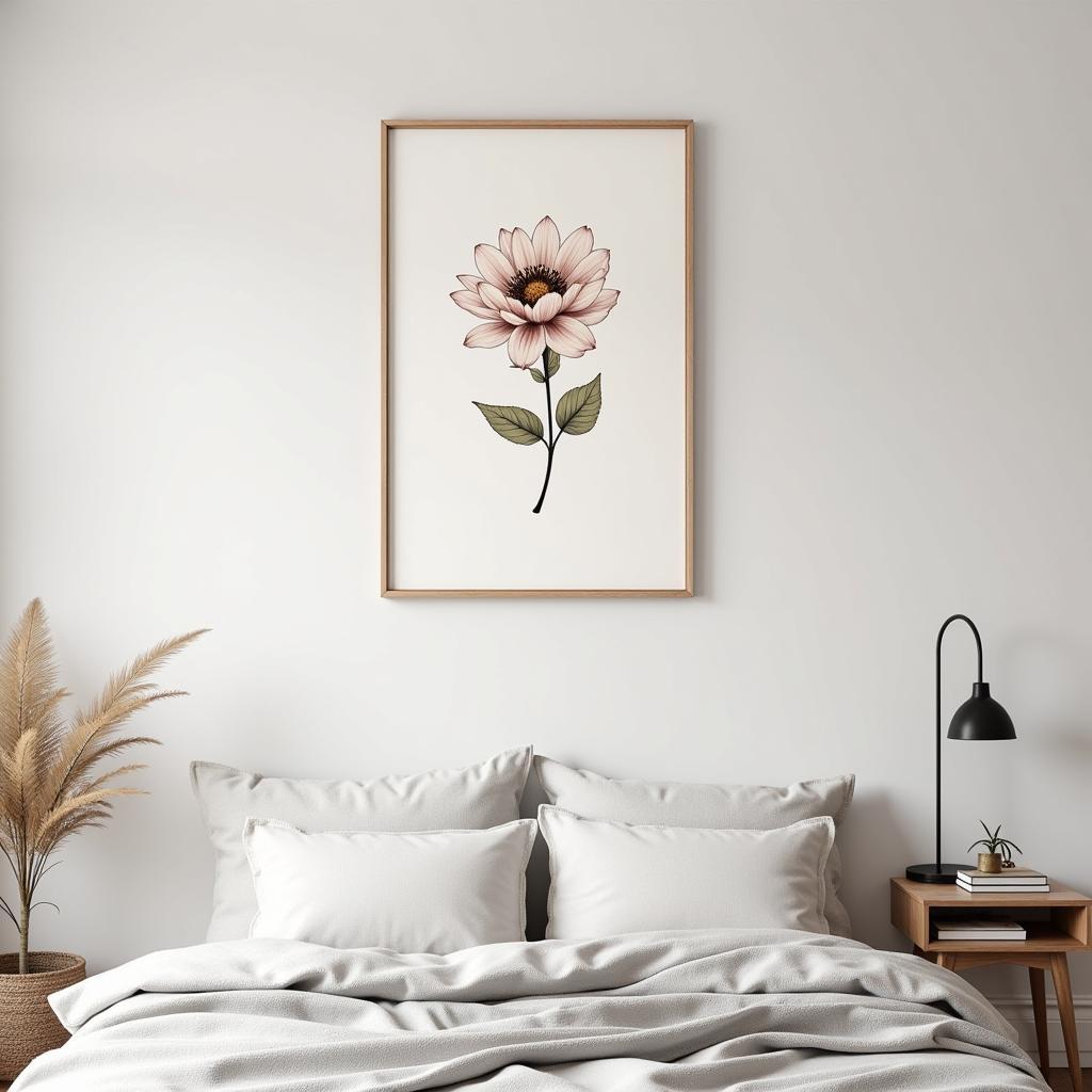 Tattoo wall art in a minimalist bedroom setting.