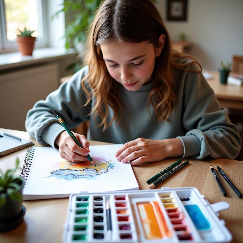 Teenager engrossed in drawing in a sketchbook using a comprehensive art set