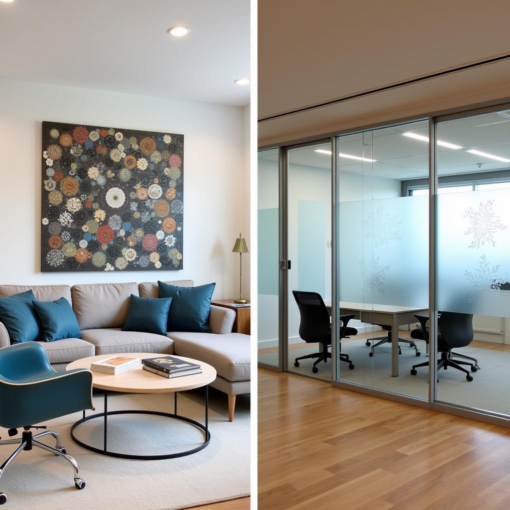 Tempered art glass used in various applications, such as wall art, tabletops, and dividers, in both home and office settings.