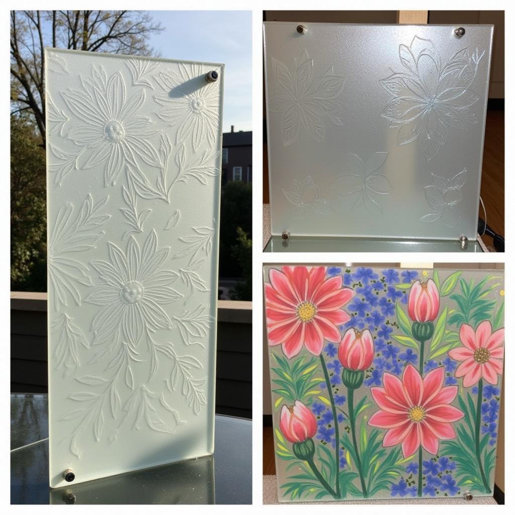 Examples of various artistic techniques applied to tempered glass, including etching, sandblasting, and color application.