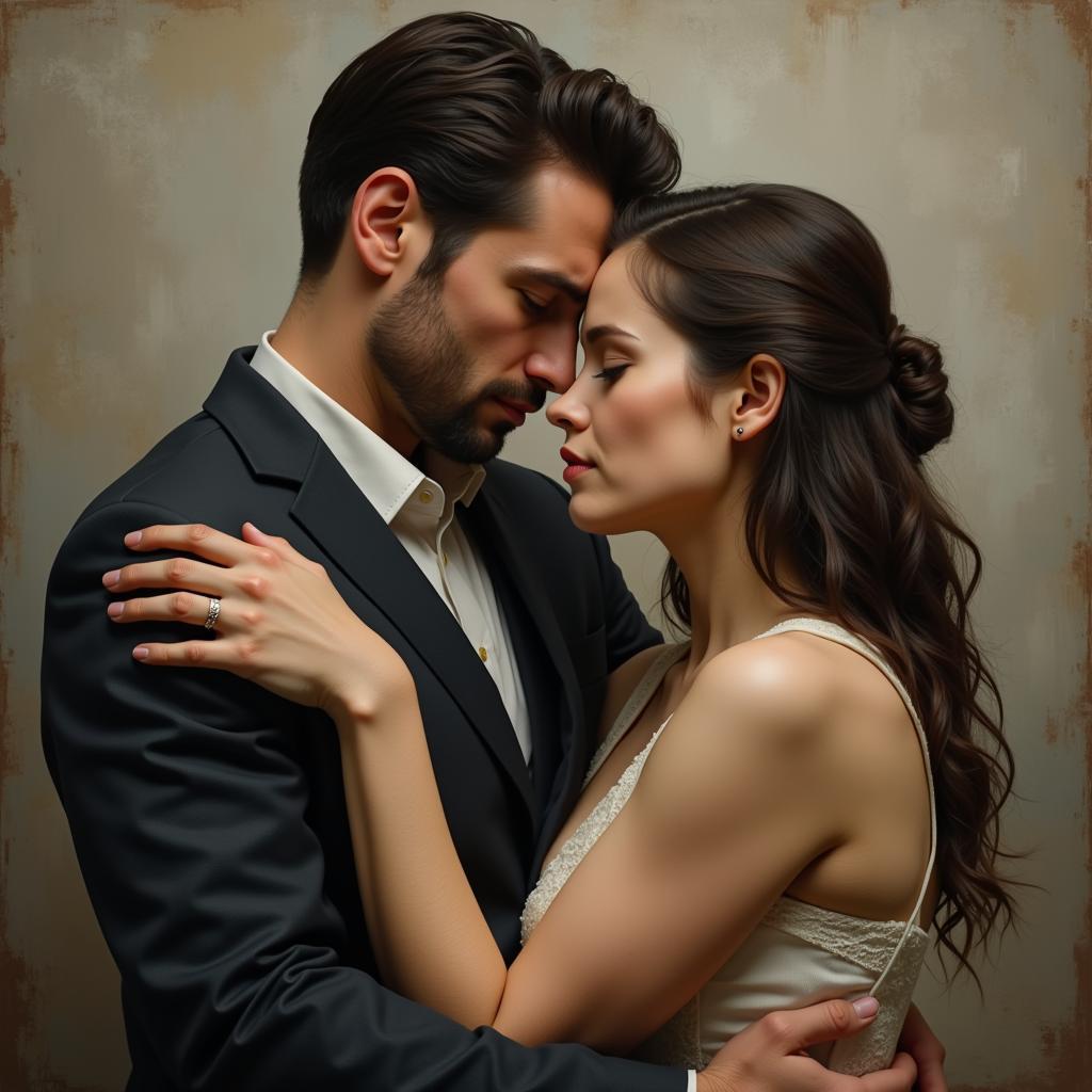 Painting depicting a couple's last embrace, with a melancholic atmosphere and muted colors