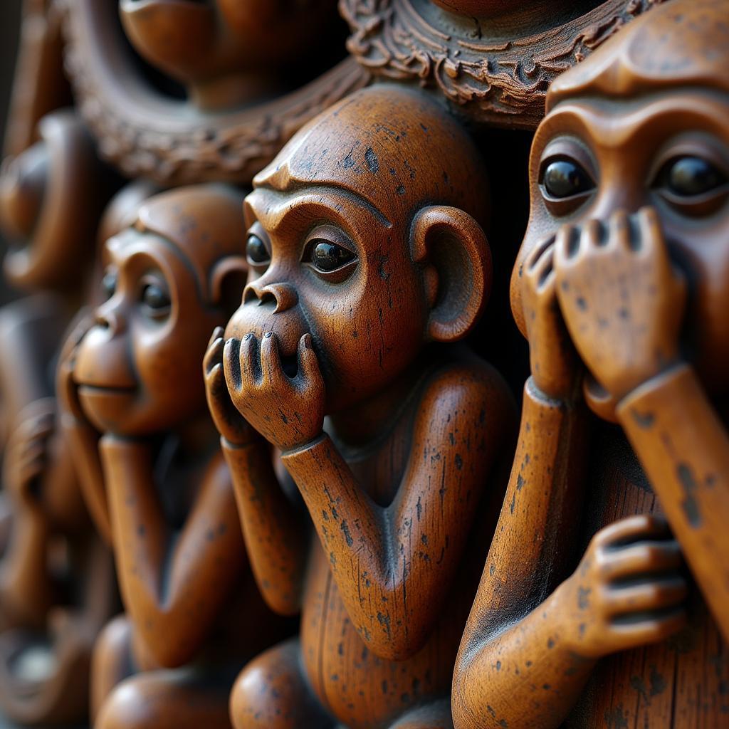 Traditional Japanese wood carving depicting the three wise monkeys