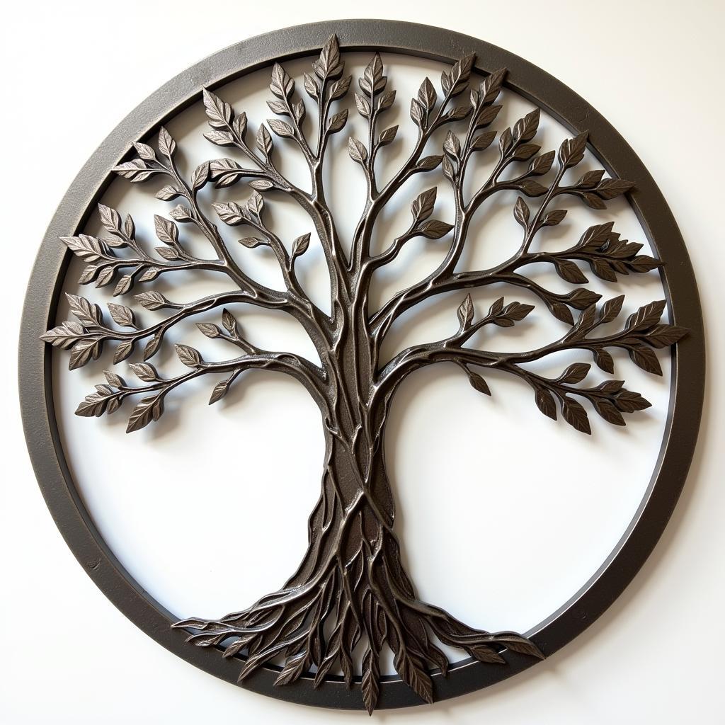 Metallic tree of life wall art with intricate details and a modern, industrial aesthetic, suitable for contemporary interior design.