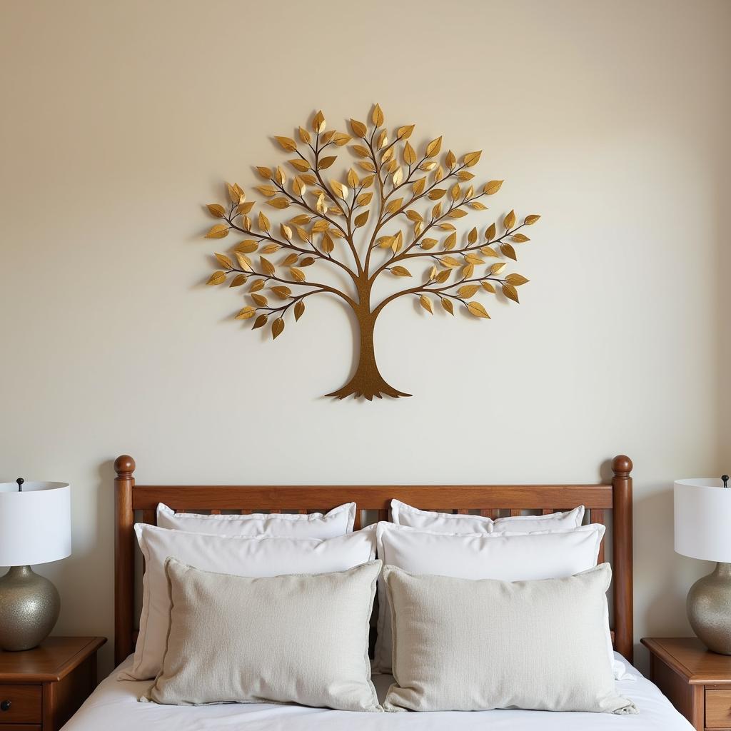 Tree of Life Metal Wall Art in a Bedroom Setting