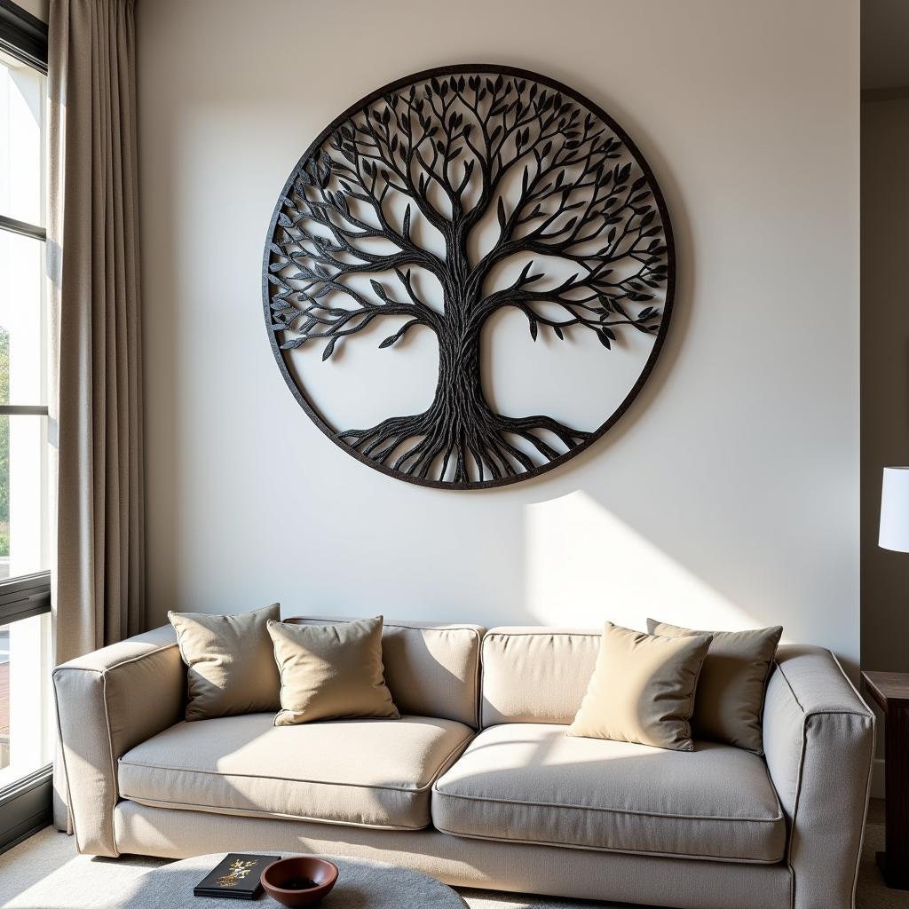 Tree of Life Metal Wall Art in a Living Room Setting